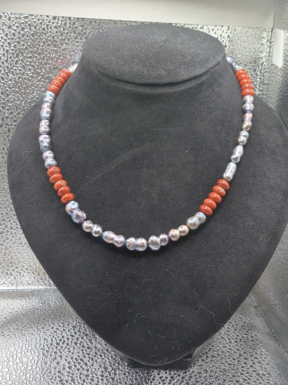Handcrafted Peacock Freshwater Pearls And Red Jasper Beaded Necklace